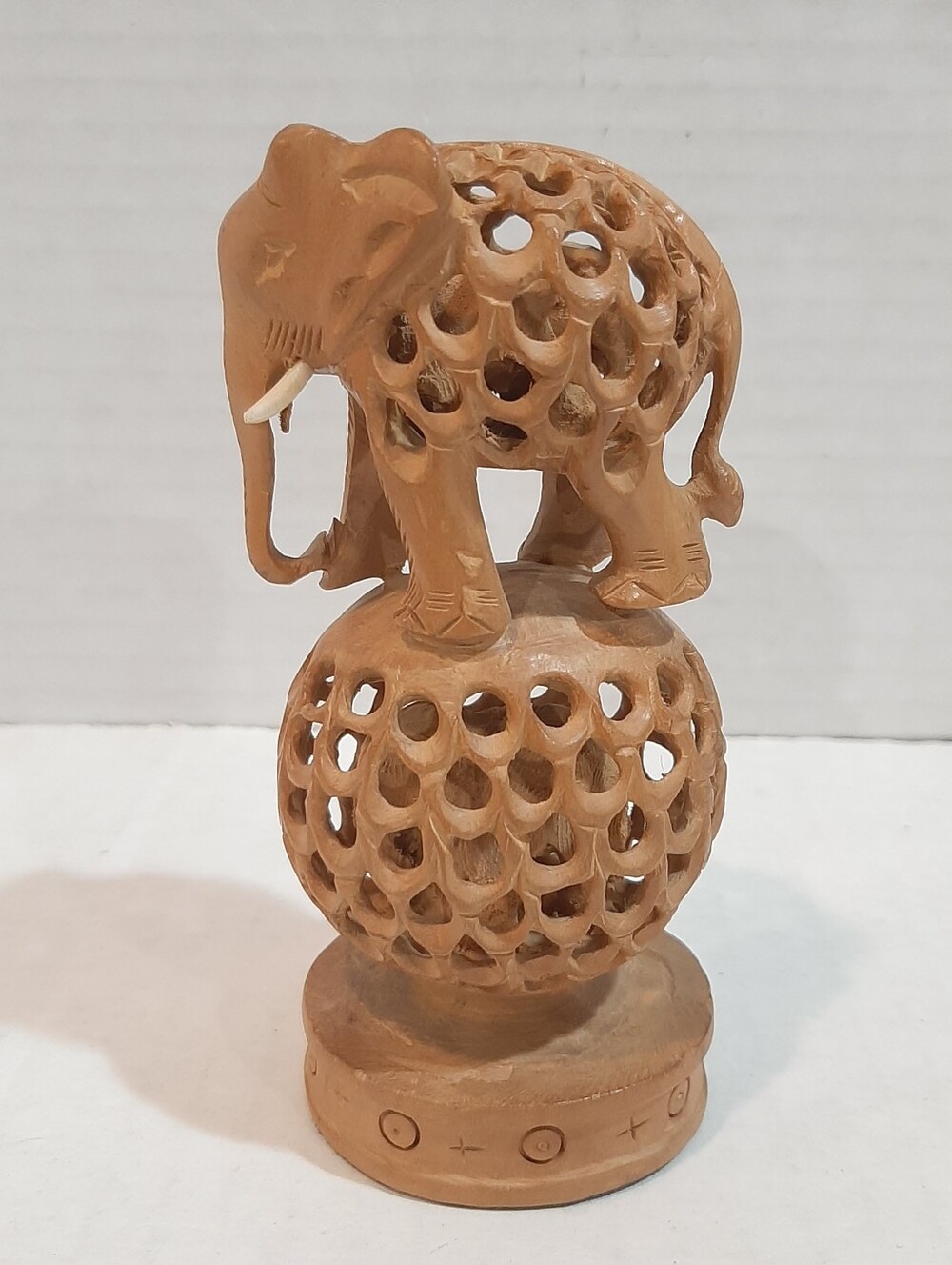 Vintage Hand-Carved Indian Jali 5" Wooden Elephant Sculpture on Lattice Sphere